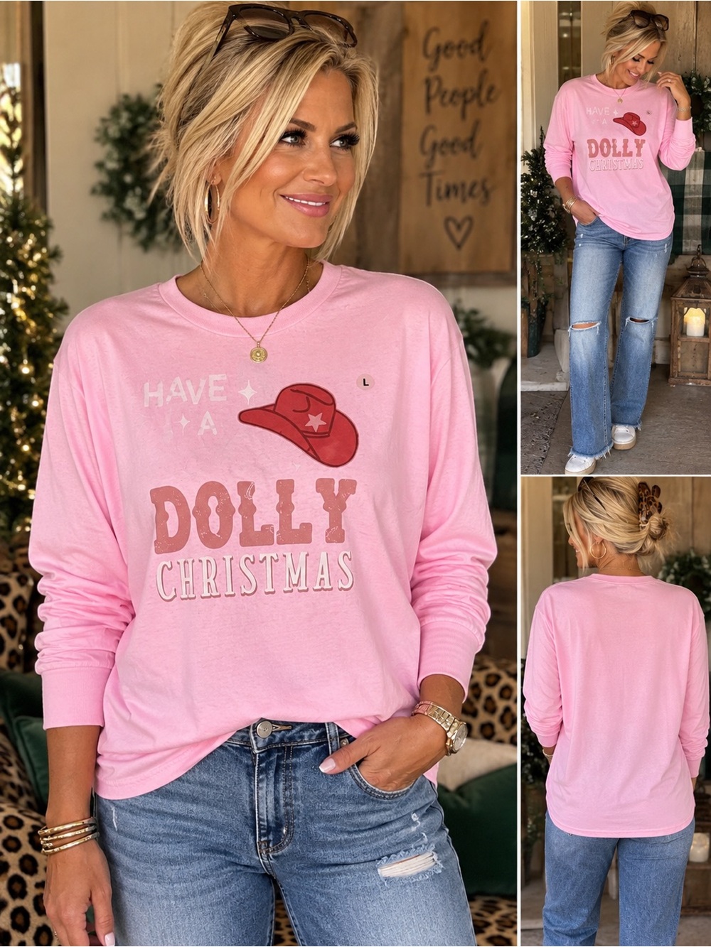 Gildan Pink 'Have a Dolly Christmas' Graphic Crewneck Sweatshirt